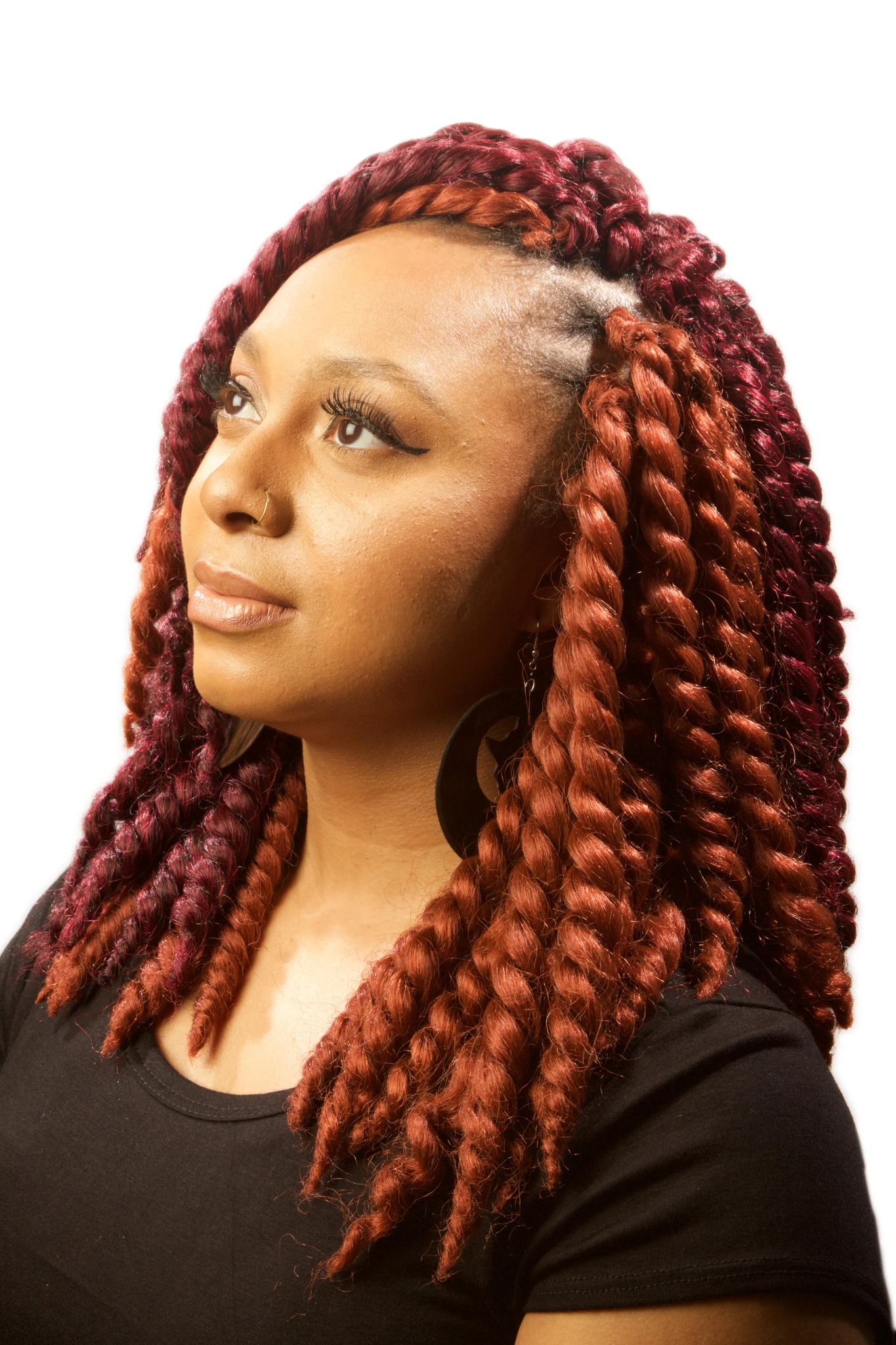 Two-strand twists with burgundy and copper extensions